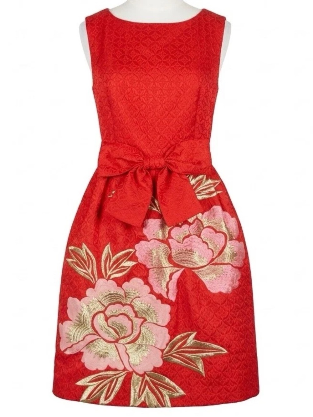 Ted Baker Deemey Embroidered Jacquard Party Dress Fit Flare Knee Red Bow *Small
